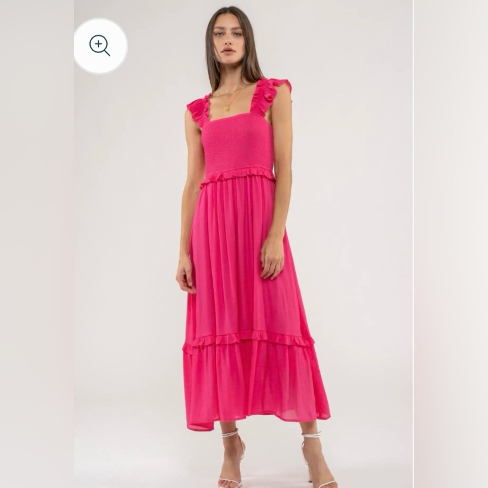 Smocked Ruffle Strap Maxi Dress in Hot Pink